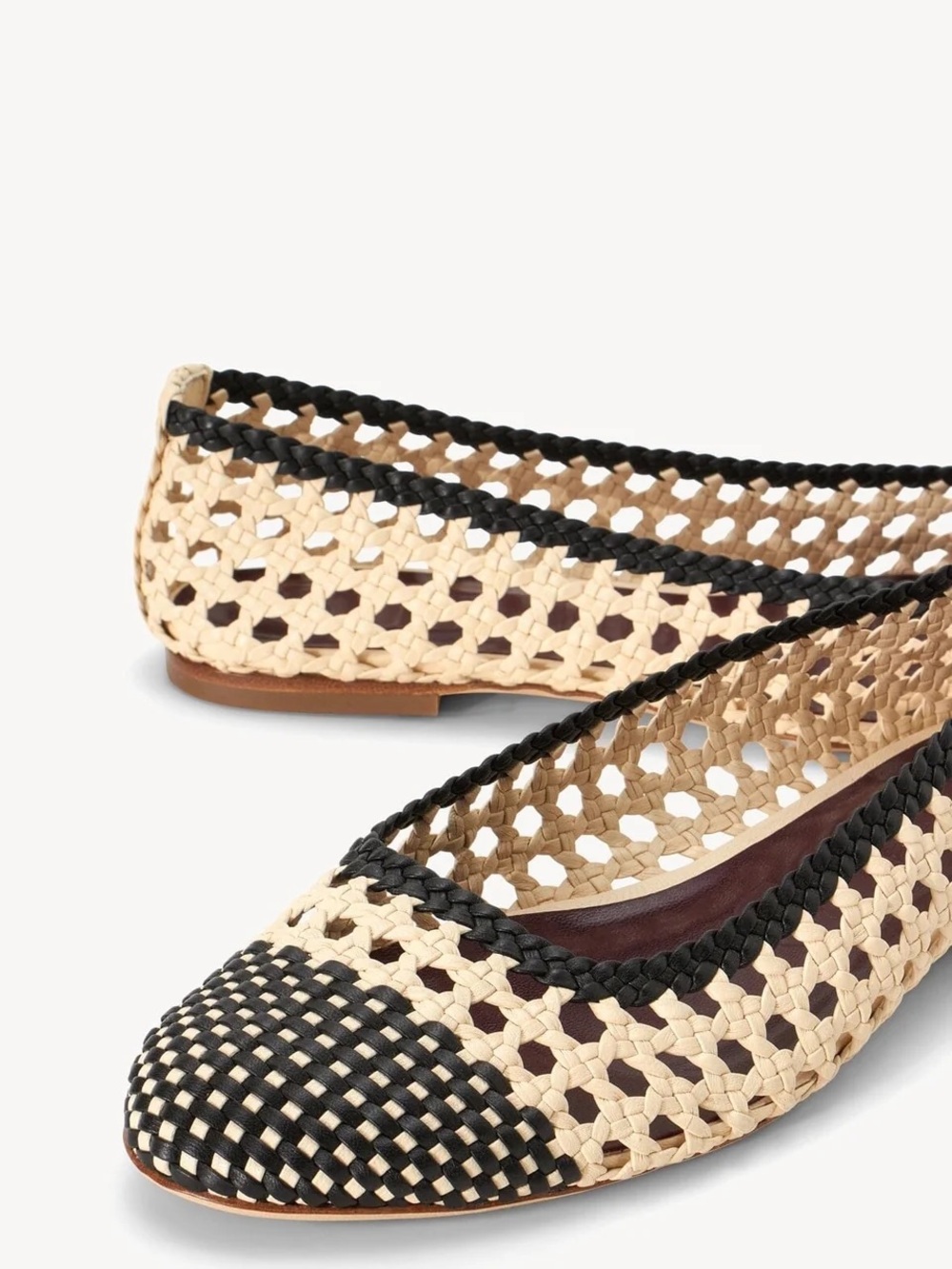 STAUD Black and Cream Woven Leather Slip-On Flats